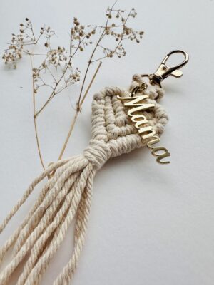 Mama Beige Heart Macrame Keychain